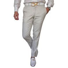 Our trousers have been offered to be paired with our Grigio Damask Mandani Jacket. Get the complete Sebastian Cruz Couture look today! Quality Details: Oro Tweed Paillette Fabric True to size Contrasting Piping Accents Signature Fabric Woven In Italy Easy to hem to your preferred length Dry Clean Only Plain front Fabric Details: CO 72% PL 15% PO 7% AF 4% PL 2% White Luxury Pants, Luxury Fitted White Pants, Fitted Linen Pants For Formal Occasions, Luxury Fitted Beige Bottoms, Elegant Fitted Linen Pants, Luxury Fitted Suits With Straight Pants, Elegant Beige Slim Fit Dress Pants, Luxury Fitted Trousers Suits, Tailored Beige Pants For Formal Occasions