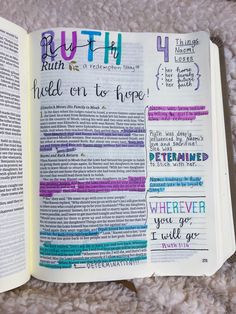 an open bible with writing on it and the words ruth written in different languages are shown