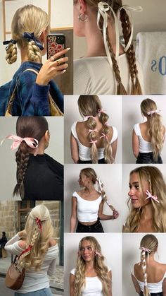 hairstyles with bowes, ponytails, braided hairstyles Hairstyle Examples, Hairstyles For Layered Hair, Bow Hairstyle, Ribbon Hairstyle, Work Hairstyles, Hair Up Styles, Hair Stylist Life, Easy Hairstyles For Long Hair