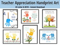 the teacher appreciation handprint art is displayed in four different frames