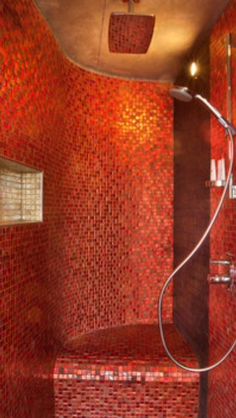 a red tiled bathroom with a shower head and hand held faucet in the corner