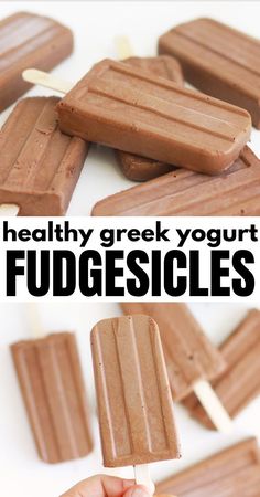 chocolate fudgesices on a stick with the words healthy greek yogurt