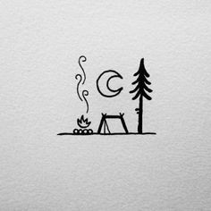 a drawing of a campfire with the moon above it