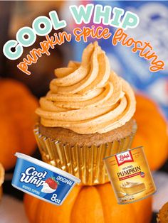 an advertisement for cool whip pumpkin spice flavored cupcakes with frosting on top