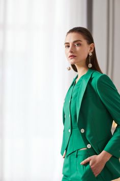 Elegant Green Tailored Three-Piece V-Neck Pant Suits with blazer, vest and pants Peak lapel; double-breasted button front. Basted sleeves. Chest welt pocket. Flap pocket detail. Fitted. Straight hem. Polyester 80% Viscose 20% Lining, viscose/polyester. Imported Ankle length pant Midi Pants, Formal Suits For Women, Women Suits Wedding, Dark Blue Suit, Double Breasted Vest, Double Breasted Waistcoat, Womens Office, Skirt Suit Set, Beautiful Suit