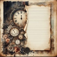 an old photo frame with clocks and writing paper on the bottom left corner, in front of a grungy background