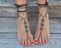 This listing is for a PAIR of barefoot sandals. Beautiful and unique barefoot sandals with a tribal vibration. They look great as necklace or on the hands too :) They make a beautiful combination with the macrame anklet shown in the pictures. If you want to purchase the combination just choose bare sandals+anklet from the options available Handmade crochet with love and care using waxed polyester cord, brass flower connectors, antique bronze moon charms, brass beads and glass beads. The lace is Bohemian Beaded Ankle Wrap Jewelry, Bohemian Handmade Anklets With Ankle Strap, Handmade Bohemian Anklets With Ankle Strap, Bohemian Ankle Wrap Barefoot Sandals, Bohemian Jewelry For Beach Season Festival, Bohemian Beach Season Festival Jewelry, Hippie Beaded Ankle Wrap Anklets, Handmade Festival Anklets With Ankle Strap, Beaded Ankle Wrap Barefoot Sandals As Gift