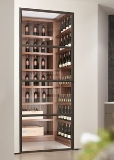 an open wine cabinet with many bottles in it