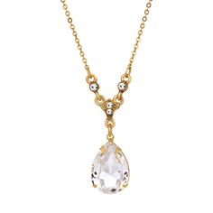 Crystal Clear Teardrop Pendant Necklace 16 + 3 Extender Formal Crystal Drop Necklace, Classic Teardrop Crystal Necklace, Elegant Gold Drop Crystal Necklaces, Gold Teardrop Crystal Drop Necklace, Crystal Teardrop Necklace With Adjustable Chain, White Crystal Teardrop Drop Necklace, Chic Fashionista, 1928 Jewelry, Vintage Inspired Jewelry