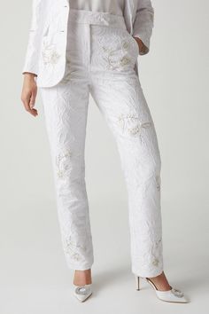 Premium Embellished Jacquard Trousers Luxury Pants With Pearl Embroidery, Fitted Embellished Trousers, Luxury Embellished Trousers, Luxury Off-white Trousers, Luxury Off-white Pants (trousers), Bridal Separates, Tapered Trousers, White Pants, Fashion Face