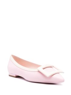 powder pink/light pink calf leather two-tone design decorative logo-engraved matte buckle detail slip-on style pointed toe leather lining branded insole flat sole This item is in size 35 and the color is Pink Pink Almond Toe Flats For Formal Occasions, Formal Pink Almond Toe Flats, Elegant Pink Flats With Rubber Sole, Luxury Pink Leather Flats, Pink Flats For Work, Chic Pink Flats For Formal Occasions, Feminine Pink Slip-on Flats, Elegant Pink Flats For Office, Pink Flats With Flat Heel For Work