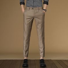 Summer Elegant Ankle-length Chinos, Elegant Summer Ankle-length Chinos, Slim Fit Solid Color Summer Pants, Slim Fit Summer Pants, Slim Fit Solid Pants For Summer, Slim Fit Pants For Summer, Summer Ankle-length Dress Pants With Pockets, Solid Slim Fit Pants For Spring, Slim Fit Pants For Spring