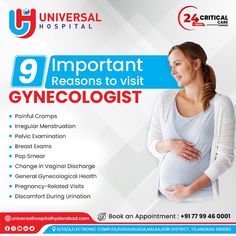 👉9 Important Reasons to visit GYNECOLOGIST • Painful Cramps • Irregular Menstruation • Pelvic Examination • Breast Exams • Pap Smear • Change in Vaginal Discharge • General Gynecological Health • Pregnancy-Related Visits • Discomfort During Urination universalhospitalhyderabad.com Book an Appointment: +9177 99 46 0001 8/23/ALELECTRONIC COMPLEK KUSHAIGUADA, MALKAJGIRI DISTRICT Gum Recession, Sick Remedies, Care Hospital, Medical Examination, Receding Gums, Gum Health, Pelvic Pain, Medical Information, Oral Health