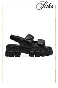 These flatform sandals with a modern menswear-inspired silhouette are enhanced by the quilted detail that echoes the iconic shape of the Prada triangle. The sporty style made of nappa leather is enriched by the distinctive monolith sole that combines important volumes with light rubber, becoming an expression of Prada's dual soul. Upper with padding and stitching Rubber sole, height: 55 mm (2.16'') Lug tread Imported