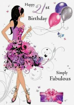 a birthday card with a woman in a purple dress and balloons