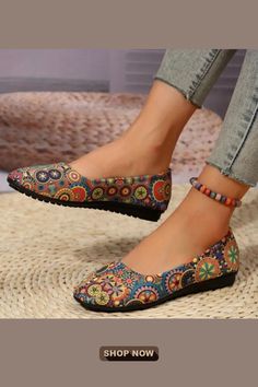 Women's Flower Pattern Shoes, Casual Slip On Flat Shoes, Lightweight & Comfortable Shoes Multicolor Round Toe Flats For Spring, Multicolor Closed Toe Flats For Spring, Multicolor Slip-on Flats For Spring, Casual Multicolor Closed Toe Flats, Multicolor Flats With Rubber Sole, Pattern Shoes, Shoes Casual, Flat Shoes, Flower Pattern