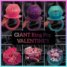 the giant ring pop valentine's candy is shown in several different colors and sizes