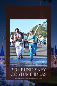 two people running in front of a castle with the words, 31 fun disney costume ideas