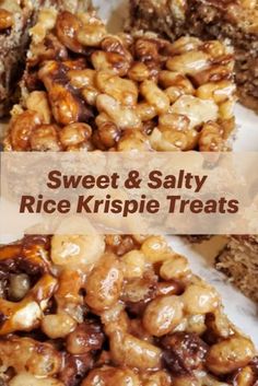 sweet and salty rice krispie treats on a plate with text overlay that reads, sweet and salty rice krispie treats