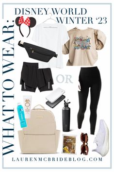 the disney world winter travel guide is shown with items from her bag, purse and shoes