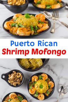 the recipe for puerto rican shrimp mofonzo is shown in black bowls with silverware