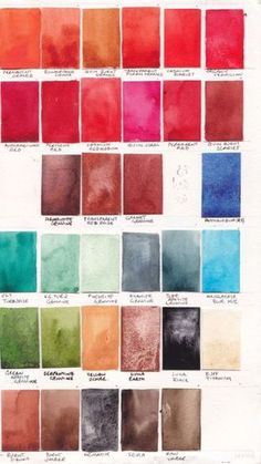 the color chart for different shades of watercolors, including red, green and blue