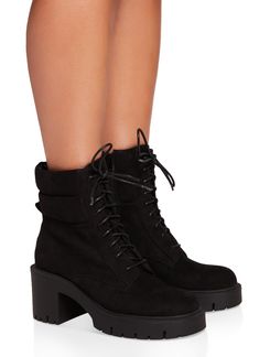 Combat Boot, Round Toe, Block Heel, Mid Heel: 2-3 inches, Lace Up, Zippers, Solid, Item Number 3115074704889 Edgy Lace-up Combat Boots With Lug Sole, Black Ankle-high Lace-up Boots With Lug Sole, Black Lace-up Heeled Boots With Lug Sole, Black Lace-up Combat Boots With Textured Sole, Black Combat Boots With Platform, Medium Width, Heel Combat Boots, Suede Lace, Lug Sole, Mid Heel