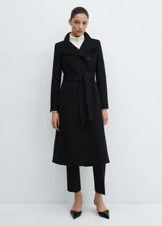 Belted Manteco wool coat - Woman | MANGO USA Fall Aesthetic Outfit, How To Look Expensive, What To Wear Fall, Mango Outlet, Wool Coat Women, All Black Looks, Buckle Ankle Boots, Knit Turtleneck Sweater, Chic Accessories