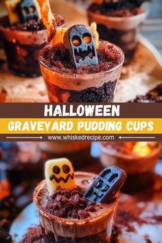 halloween graveyard pudding cups with chocolate frosting and sprinkles