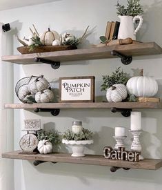 some shelves with pumpkins and other decorations on them