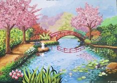 a painting of a bridge over a river with flowers and trees in the foreground