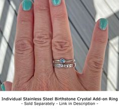 "PLEASE READ THE WHOLE DESCRIPTION BEFORE ORDERING - Custom orders are not returnable. This line of stainless steel rings (sizes 5-11) are hand stamped one metal stamp at a time using the name or initials of your choice (on the outside of the ring only)! Stamping pushes into the metal creating divots that are then filled with black paint. This is a different method than engraving. Since hand stamping is handmade, it won't be completely straight or some letters might be deeper than others; if tha Adjustable Stackable Stainless Steel Rings, Adjustable Silver Stainless Steel Stackable Rings, Adjustable Birthstone Ring Gift, Nickel Free Adjustable Stackable Rings For Promise, Nickel Free Adjustable Stackable Promise Rings, Nickel-free Adjustable Stackable Promise Rings, Nickel-free Adjustable Stackable Rings For Promise, Adjustable Stackable Rings For Birthday, Adjustable Stainless Steel Stackable Rings As Promise Rings