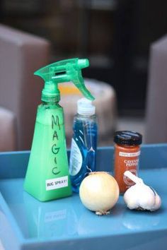 an assortment of spices and condiments on a blue tray