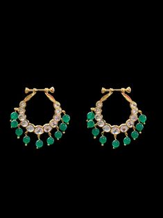 chandbali earrings  medium sized  made using authentic Hyderabadi polki , semi precious emerald beads and 22carat gold plating Green Hand Set Chandbalis For Festivals, Festival Green Hand Set Chandbalis, Green Chandbalis With Cutdana, Green Cutdana Chandbalis, 22k Gold Chandbali Earrings With Cutdana, Green Chandbali Earrings With Stone Work, Green Chandbalis With Stone Work, Festive Emerald Kundan Chandbali Necklace, Festive Chandbali Kundan Necklace With Emerald