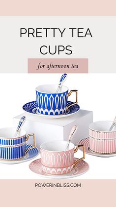 pretty tea cups for afternoon tea with pink and blue designs on the bottom, gold trimming