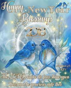 two blue birds sitting on top of each other with the words happy new year blessing