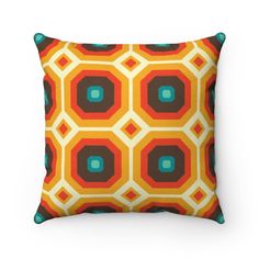 Retro Geometric Brown Orange Mid Century Modern Faux Suede Square Pillow | lovevisionkarma.com Mid Century Modern Pillows, Retro Throw Pillows, Orange Pillow, Suede Pillows, Abstract Geometric Shapes, Boomerangs, Orange Pillows, Retro Mid Century Modern, Modern Throw Pillows