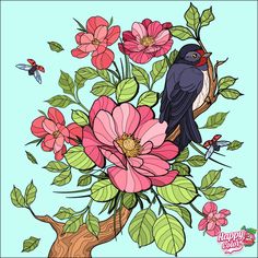 a bird sitting on top of a tree branch with flowers and birds flying around it