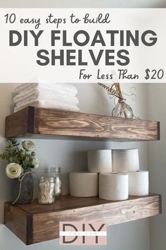 Two DIY floating shelves decorated in bathroom