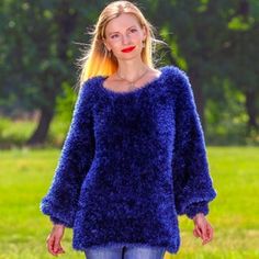 Fuzzy soft sweater in royal blue dark blue pink or yellow | Etsy Fuzzy Mohair Sweater, Winter Mode Outfits, Cosy Outfit, Hand Knitted Jumpers, Yarn Sweater, Handmade Knitwear, Aran Sweater, Fluffy Sweater, Stylish Sweaters