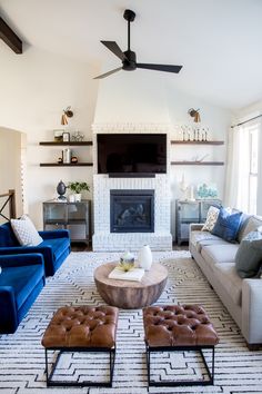 a living room filled with furniture and a flat screen tv mounted on the wall above a fireplace