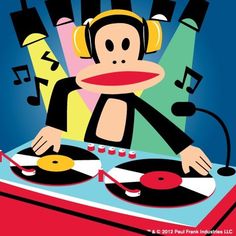 a monkey with headphones on dj's turntables in front of musical notes