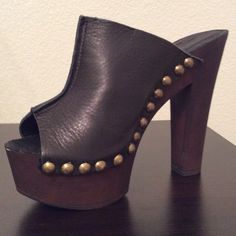 Platform Leather With Studs To Accent That Perfect Look. Nwt Stiletto Heels Clogs & Mules, Killer Heels Clogs & Mules, Heels Ideas, Leather Shoes Women, Brown High Heels, Handmade Leather Shoes, Charles David, Heels & Wedges, Leather Shoes Woman