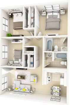 the floor plan of a two bedroom apartment with all the furniture and furnishings in it