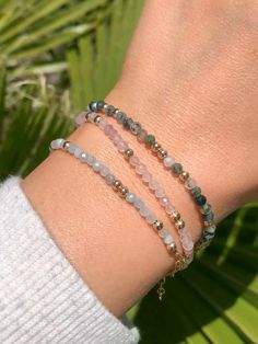 "This sparkly light blue gemstone bracelet will add a pop of gemmy color to your bracelet stack! These genuine Aquamarine gems really sparkle! It looks beautiful layered with other bracelets, or worn solo! * 3mm genuine Aquamarine gemstones * 14K Gold Filled or 925 Sterling Silver accents * 14/20 GF or 925 stamp for authenticity * Choose your length (each bracelet has a 1\" extender chain for adjustable sizing.) * Made with all hypoallergenic materials 🤍 Please review all measurements before pu Aquamarine Bracelet Beads, Light Blue Gemstone, Blue Gemstone Bracelet, Aquamarine Bracelet, Sterling Silver Bead Bracelet, Gems Bracelet, Beads Bracelet Design, Bracelet Dainty, Jewelry Accessories Ideas