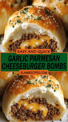 Craving an easy, cheesy snack? These Garlic Parmesan Cheeseburger Bombs are the perfect combo of juicy burger flavor wrapped in soft, buttery dough. Bursting with melty cheese, garlic goodness, and a savory parmesan crust, they're great for parties, game days, or whenever hunger strikes! Ready in no time and SO addictive – you’ll want to make a double batch. Click to grab the recipe and wow your taste buds today! 😍 Easy To Grab Snacks, Game Day Meals, Cheesy Snack Recipes, Garlic Burgers, Easy Game Day Food, Cheesy Snack, Juicy Burger, Parmesan Meatballs, Snack Hacks