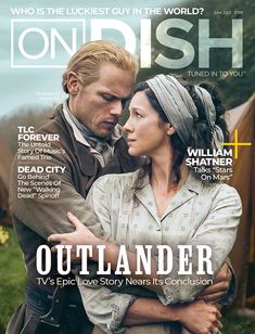 a man and woman embracing on the cover of a magazine, which features an advertisement for outlander