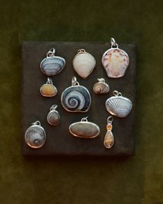 Handmade in New York using found shells. Portfolio Ideas, Jewelry Drawing, Lost Wax Casting, Handmade Rings, Brooklyn New York, Semi Precious Stones, Shell Pendant, Jewelry Companies, Silver Pearls