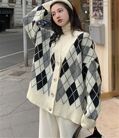 Argyle Pattern White Color Block Cardigan Sweater – Tomscloth Oversized Plaid Long Sleeve Cardigan, Classic Plaid Long Sleeve Cardigan, Argyle Pattern, Color Block Cardigan, Mia 3, Cardigan Outfits, Pattern White, Kpop Fashion Outfits, 가을 패션