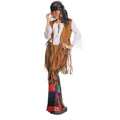 Channel your inner groove and transport back to the 60's! This costume includes a fringed, faux suede vest, velvet patchwork print bell bottoms and headband. Care Instructions: Hand wash cold water with mild soap. Tumble dry low. For best results hang or lay flat to dry. Size: XL.  Color: Brown. 60s Peace, Hippie Costume Halloween, 70s Mode, Printed Bell Bottoms, Party City Costumes, 70s Costume, Hot Halloween, Clever Halloween, Hippie Halloween